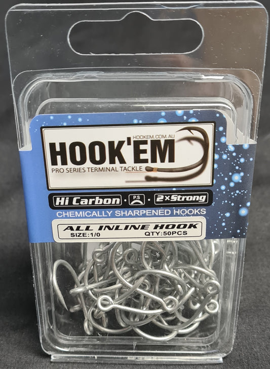 HOOKEM INLINE HOOKS ALL SIZES - BULK PACK 50 PCS - REEL 'N' DEAL TACKLE