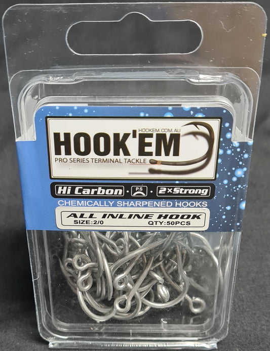 HOOKEM INLINE HOOKS ALL SIZES - BULK PACK 50 PCS - REEL 'N' DEAL TACKLE