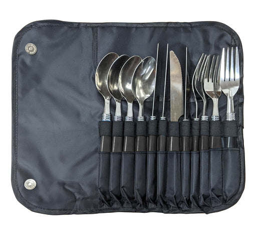 WILDTRAK 12PCE S/S CUTLERY SET WITH ROLL UP TRAVEL POUCH - REEL 'N' DEAL TACKLE